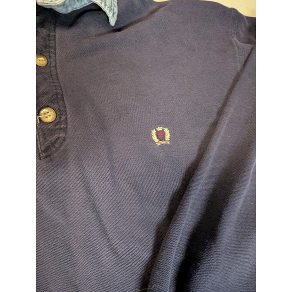 Vintage Siegfried Rugby Shirt Navy Blue Denim Collar Plaid Trim 90s Large XL - Picture 4 of 14